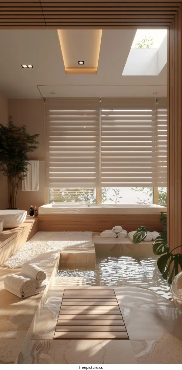 Modern Bathroom With Minimalist Design Features A Large Bathtub And A Small Pool