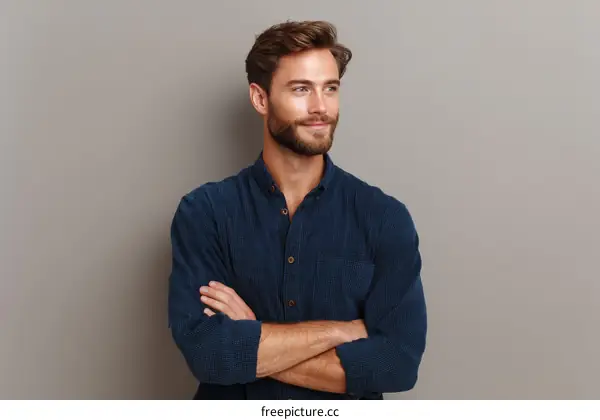 Confident Caucasian Man Posing Against Gray Background