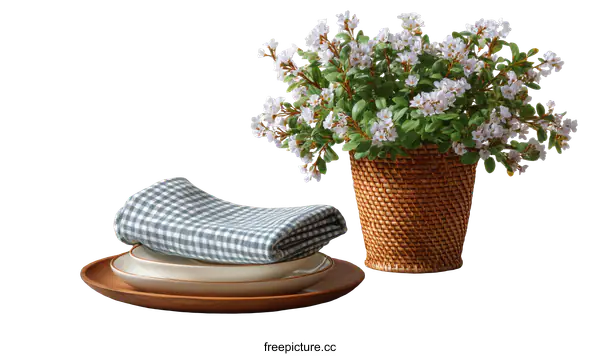 [Transparent Background PNG]Elegant Table Setting with Checkered Napkins and Flowers