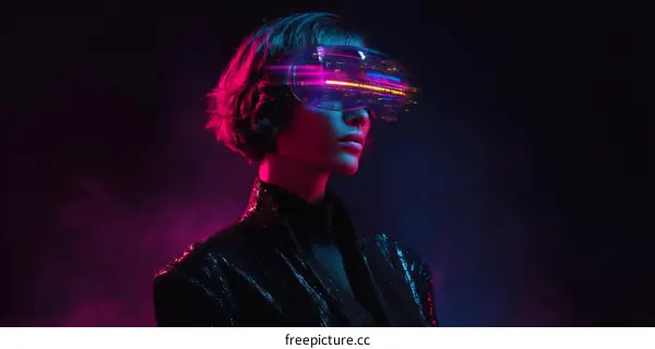 Futuristic Woman Wearing VR Headset in Neon Light