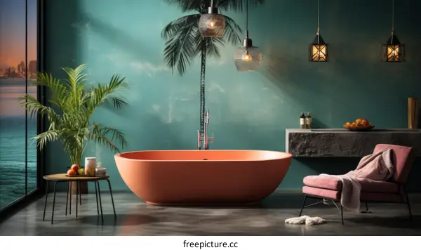 Bathroom with a pink bathtub and palm tree wallpaper