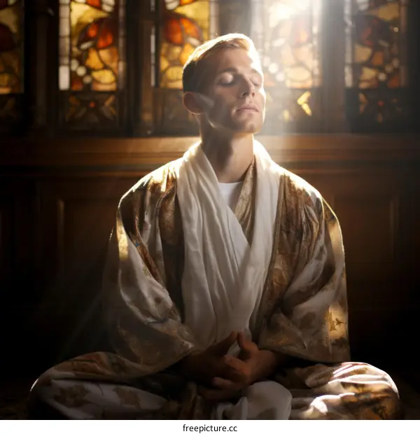 Young man in meditation pose with eyes closed and sunlight on his face