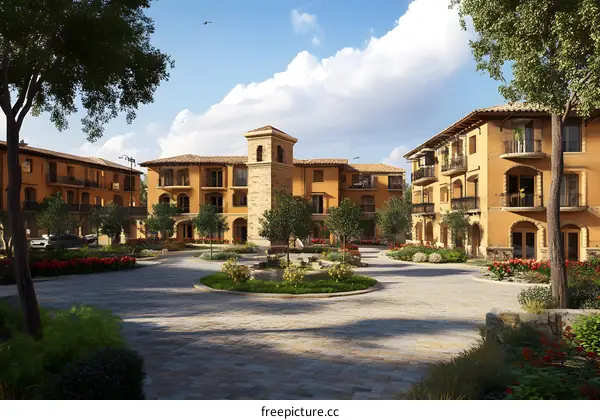 Italian Style Architecture Buildings with Courtyard and Fountain