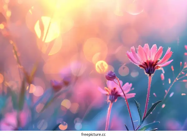 Close-up of pink wildflowers in a field at sunset