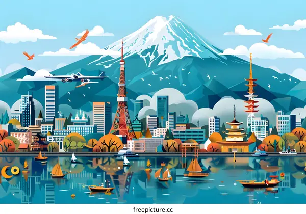 Iconic Landmarks of Japan with Mount Fuji in Background