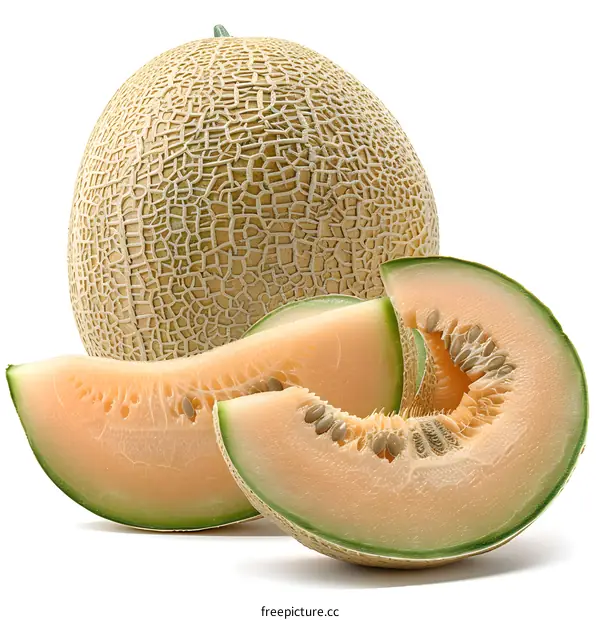 A ripe cantaloupe and two slices