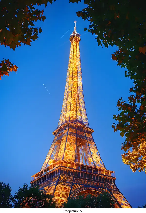 Eiffel Tower at night from below with trees in the foreground