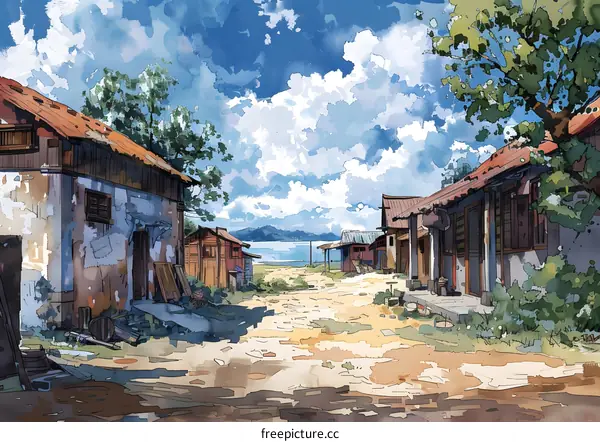 Watercolor Painting of a Small Town in Asia