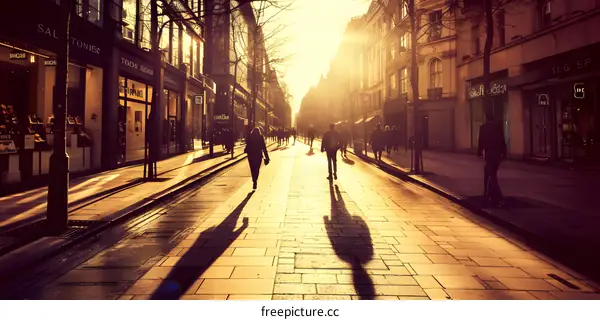 People Walking Down a City Street at Sunset