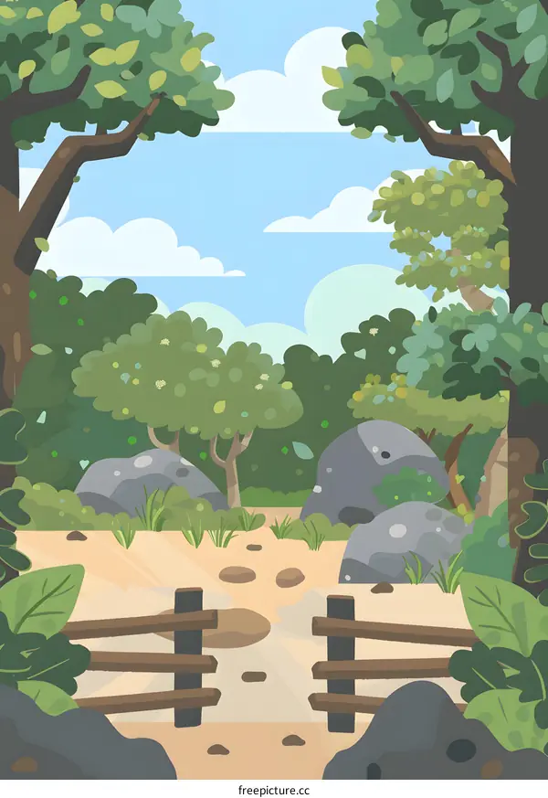 Green Forest Path with Wooden Fence