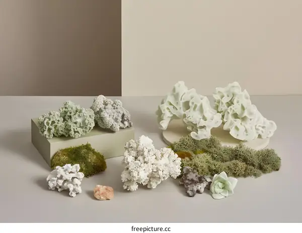 White and Green Coral Reefs on a Grey Background
