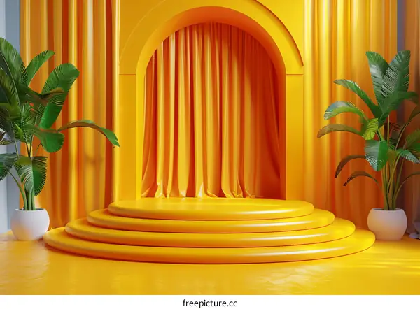 Yellow Podium with Curtains and Plants