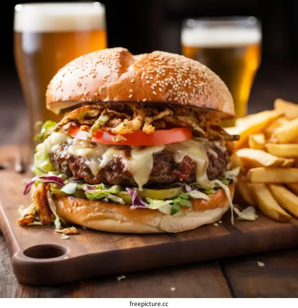 Juicy Cheeseburger with Fries and a Cold Beer
