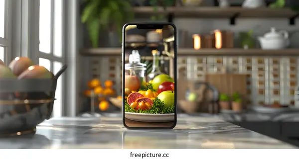 Smartphone with Fruit Image on Screen in Kitchen