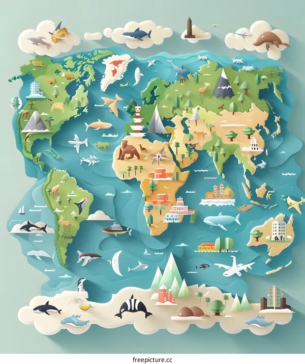 Paper Cut World Map Illustration with Landmarks and Animals