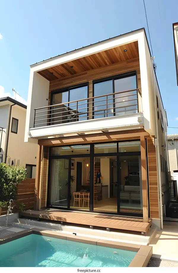 Modern House with Wooden Exterior and Swimming Pool