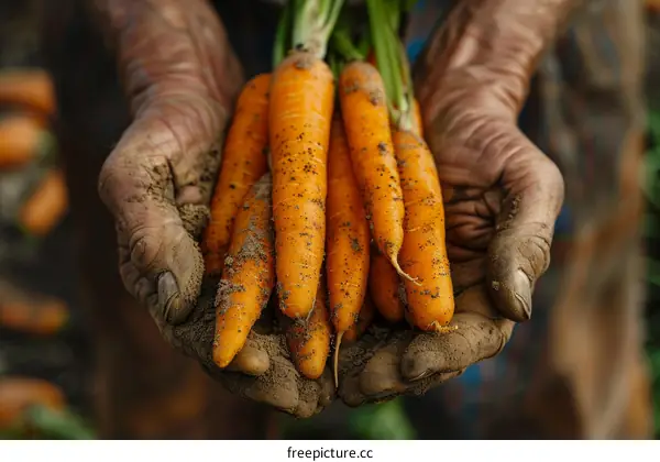 Wrinkled hands of a farmer holding freshly-harvested carrots