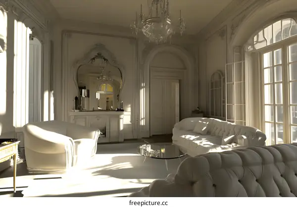 Elegant White Living Room Interior Design With Ornate Moldings And A Crystal Chandelier