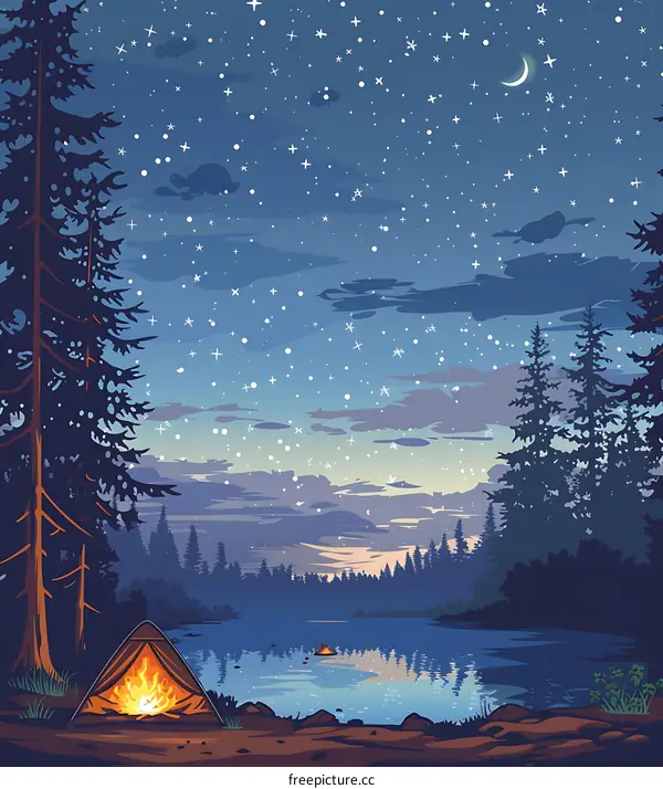 Night Sky With Stars And A Campfire In The Forest