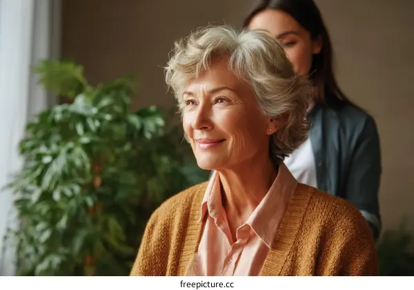 Senior woman being helped with hair by another woman