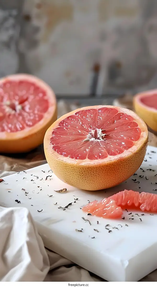 Pink Grapefruit on Marble Cutting Board with Loose Leaf Tea