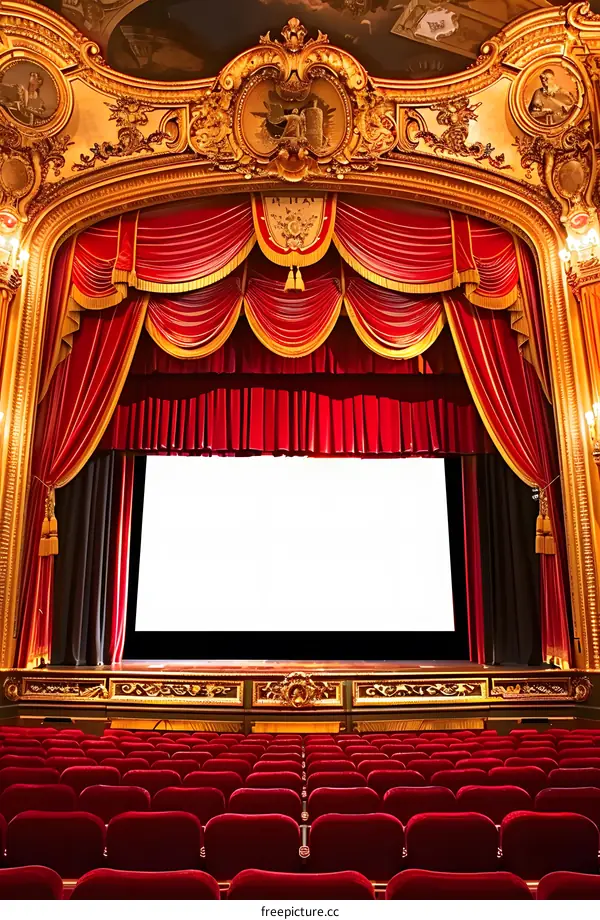 Ornate Theater Stage With Red Curtains And Empty Seats