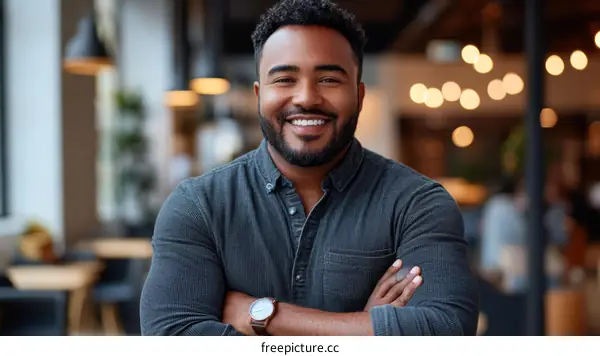 Smiling African American Man in a Cafe