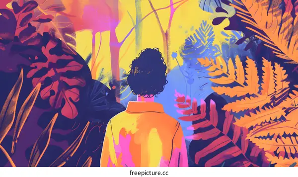Woman Walking Through a Forest of Bright Colors