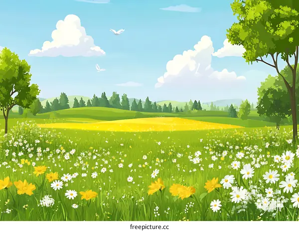 Summer Meadow Landscape With Green Grass and Yellow Flowers