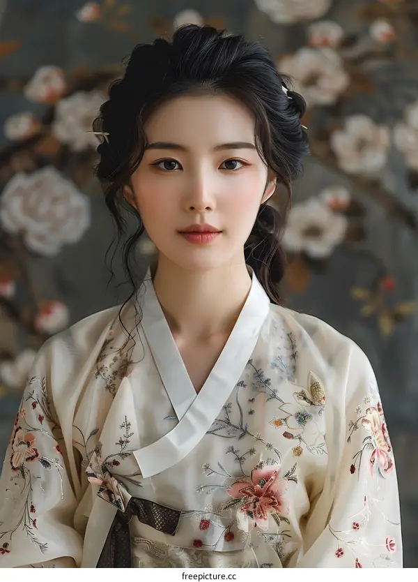 Portrait of a young woman in traditional Korean dress, or Hanbok