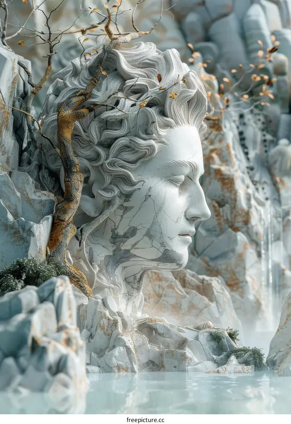 Sculptural Portrait of a Figure in a Mountainous Landscape