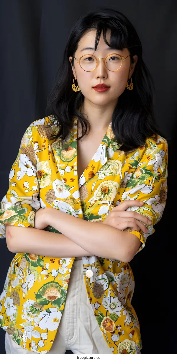 Portrait of Asian Woman in Floral Yellow Shirt