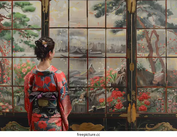 A woman wearing a kimono is looking out a window.