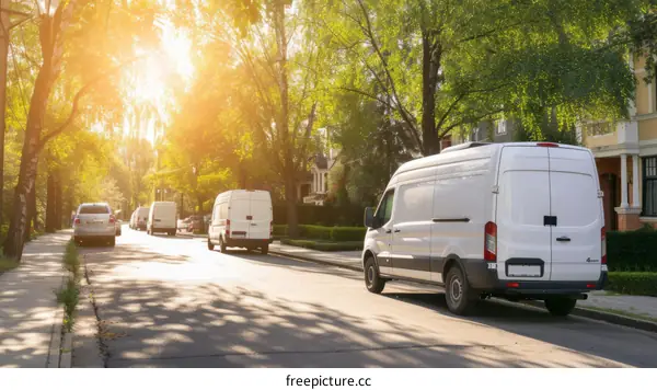 A row of delivery vans parked on a suburban street