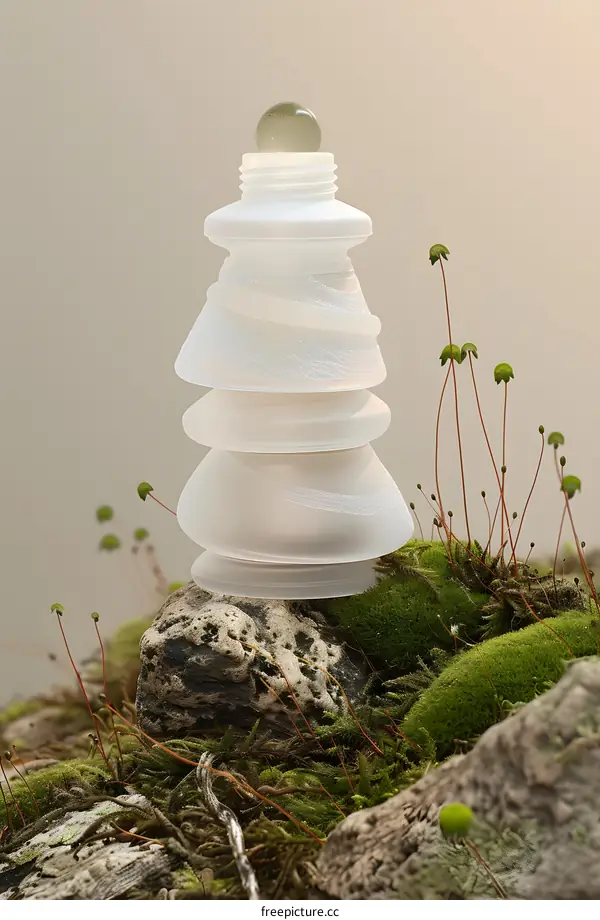 White Glass Bottle with Green Top on Rocks and Moss