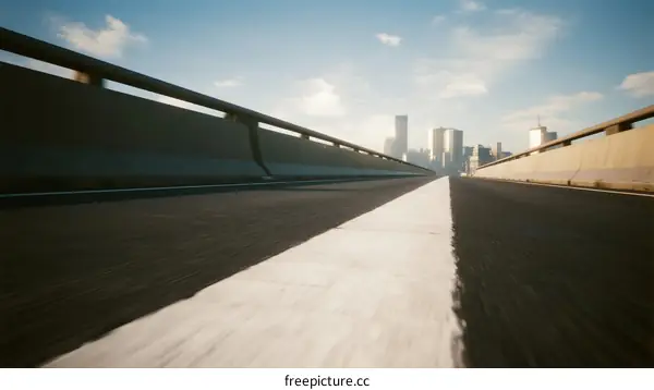 High - speed road with city skyline in the distance