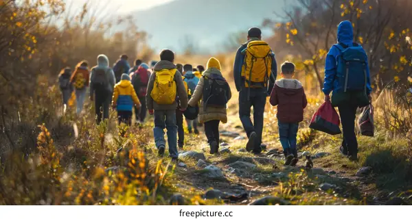 A group of people walking on a rural road