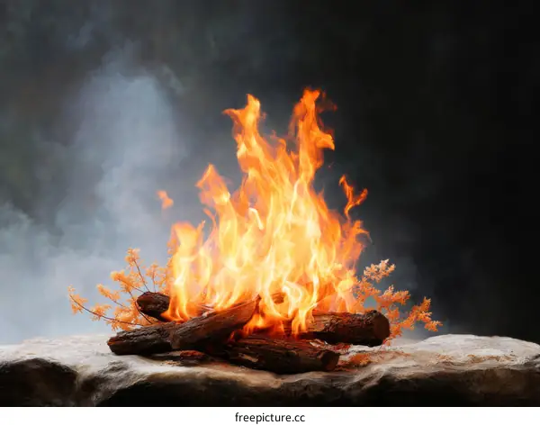 Campfire in the Woods with Smoke and Flames