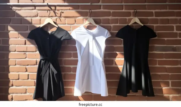 Three simple black and white dresses hanging on a brick wall