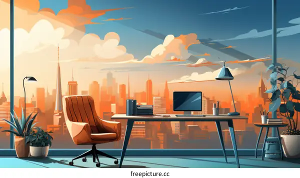Modern Office with City Skyline View