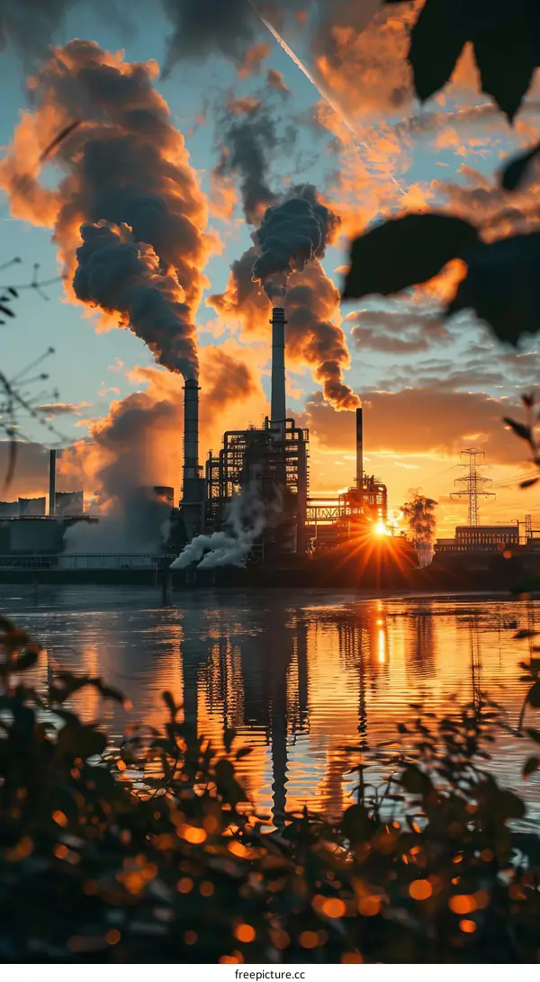 Industrial Sunset: Pollution Rising Above a River Landscape