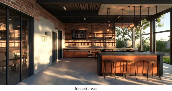 Modern Bar Design with Brick Wall and Wooden Stools