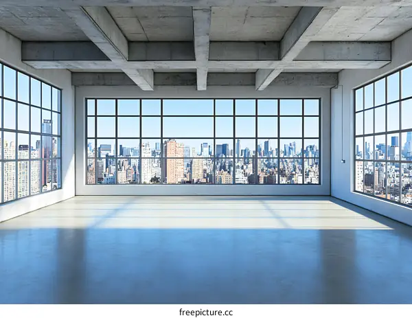 Modern Empty Room with Big Windows and City Skyline View