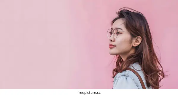 Asian Woman with Glasses Posing Against Pink Wall