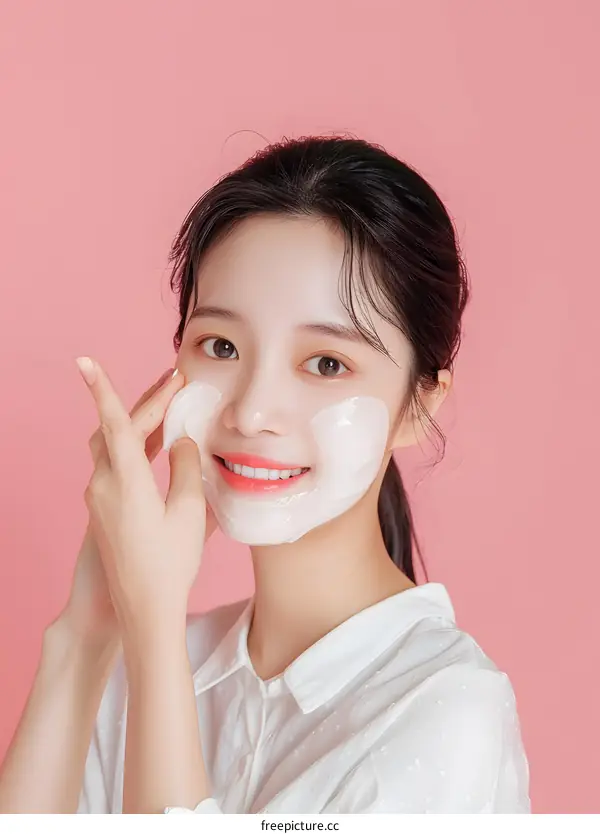 Smiling Asian Woman Applying Facial Mask On Pink Background