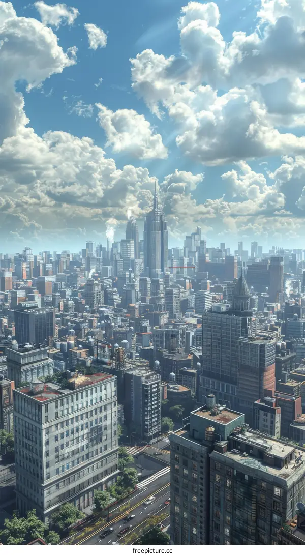 A bustling metropolis with skyscrapers reaching towards a blue sky