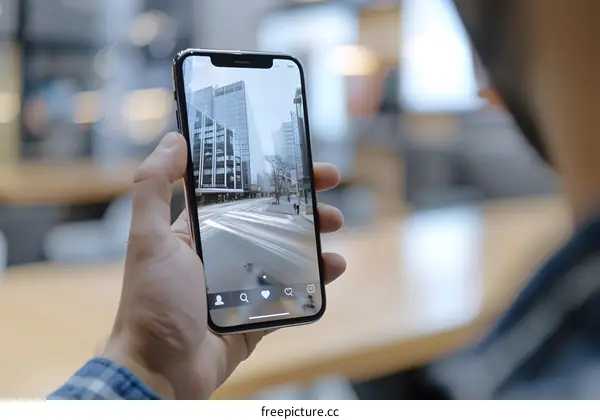 Hand Holding Smartphone Showing Cityscape with Traffic Light Trails