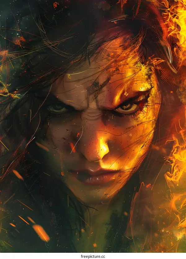 portrait of a warrior woman with fire in her eyes