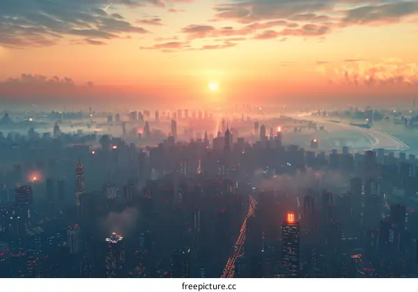 Futuristic City Sunrise Skyline Art