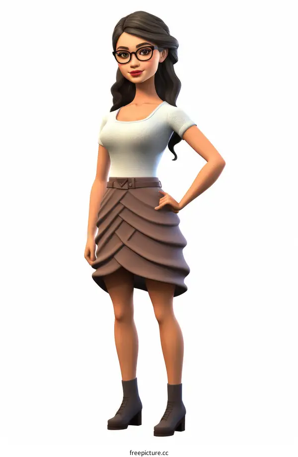 3D illustration of a young woman wearing a white shirt and brown skirt